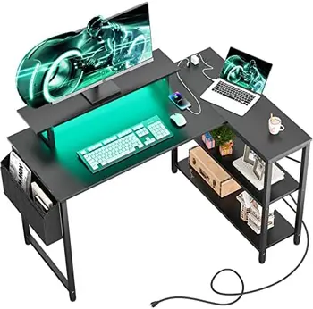 Em forma de Mesa de Computador com LED Strip & a Faixa de Energia, De 47 Polegadas, Mesa de Canto com Suporte do Monitor Reversível, Prateleiras de Armazenamento, Moderno