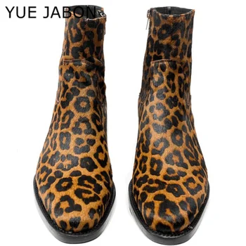 Estampa de leopardo de Couro Genuíno Homens Ankle Boots com Zíper Homens de Negócios Chelsea Boots Frete Grátis Zapatos Para Moto Hombre