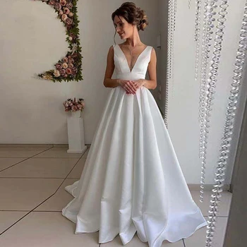 MANRAY Simples de Cetim Vestidos de Casamento Para as Mulheres Profundo Decote em V sem encosto Sleevelss Branco Vestidos de Noiva Vestido De Noiva Trem da Varredura