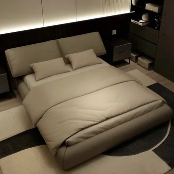 Italiano minimalista de couro, cama, quarto cama de casal, luxo moderno e minimalista quarto de casal, cama de saco macio 2022 novo
