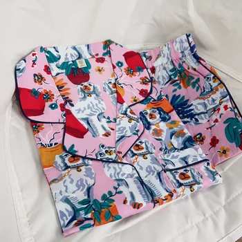 Verão Finos de Algodão de Manga Curta, Shorts Mulheres Pijama Conjunto de Cão-de-Rosa de Alto Luxo Casa de Desgaste