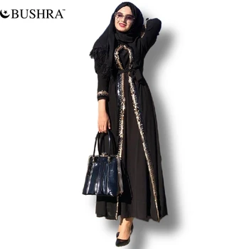 BUSHRA Quimono Abaya Sequins cortar para Mulheres Dubai Muçulmano Modesto Eid Mubarak árabe Marroquino turco de Vestuário Islâmico Preto
