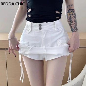 REDDACHiC Mulheres White Denim Carga Saia Básica Sólida Destruído Elevado Aumento Bulit-no Shorts Feminino Fundos Vintage Y2k Streetwear