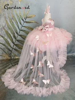Puffy Menina de Vestido cor-de-Rosa Bebê Vestido com Trem Vestido da Menina de Flor Arco Garoto Bonito da Criança de Aniversário Vestidos de Frist Comunhão