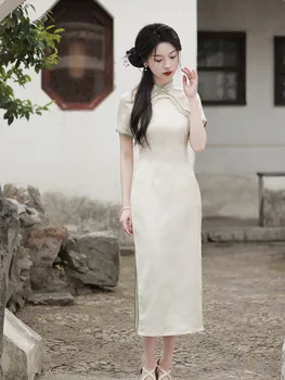 Chinês Mulheres Elegantes De Manga Curta, Bordado Qipao Vestidos Tradicionais, Vintage Branco Beading Cheongsam