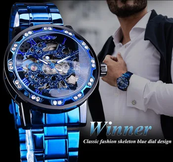 Transparente Diamante Relógio Mecânico Azul Esqueleto De Aço Inoxidável Relógios De Homens De Melhor Marca De Luxo De Negócios Estilo De Moda