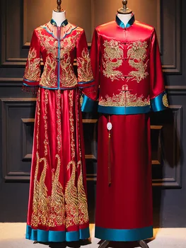 Homens Vermelho Chinês Tradicional Estilo De Noiva Vestidos De Noiva Requintado Lantejoulas Phoenix Cheongsam Manto