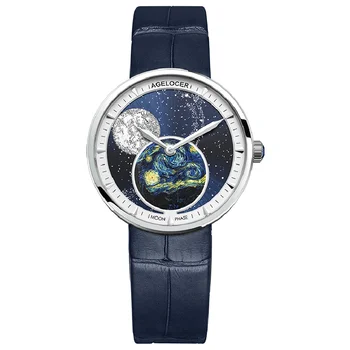 AGELOCER Fase da Lua Mulheres Assista Moonphase Design Senhoras Relógios de Quartzo Marca de Luxo Safira Cristal 316L de Aço Watch Mulheres