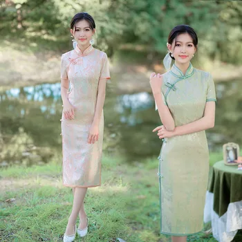 Estilo Chinês Tradicional Manga Curta Qipao Vestido De Mulher Slim Longo Divisão Alta Cheongsam Vestidos Roupas Asiática