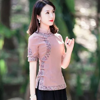 Cheongsam Mulheres Tang Traje Tops 2023 Verão Mistura de Algodão e Impressões de Emenda Stand Gola Manga Curta Estilo Chinês Qipao Camisas