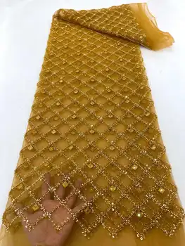 França High-End feito a mão Frisada Lace Fabric Nigeriano Bordado 3D Esferas de Lantejoulas Malha Laço de Tecido Para o Vestido de Casamento