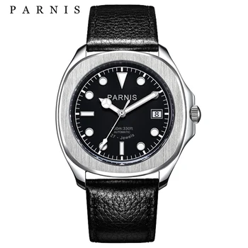 Chegada nova Parnis 40mm Mostrador Preto Mecânico Automático Homens Relógio Calendário de Couro Pulseira Sapphire Relógios de Luxo reloj hombre