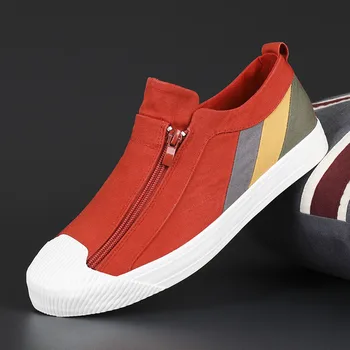 Novo Design de Zip Homens Casuais Sapatos de Lona de Moda Vermelho Slip-on Homem Casual, Tênis Confortável, Leve Mens Sapatas Vulcanized