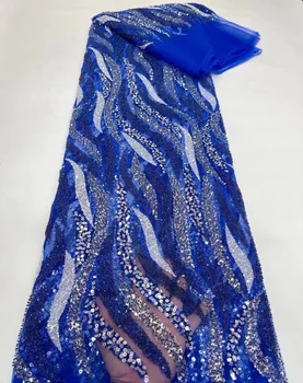 Azul Royal African Pesadas Esferas Noivo Tecido De Renda 2023 Material De Alta Qualidade Nigeriano Francês Lantejoulas Tecido Do Laço Para O Casamento Costurar