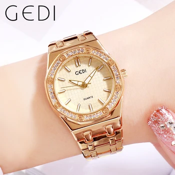 GEDI de Ouro do Relógio de Quartzo para Mulheres Marca de Luxo Diamante Impermeável de Prata da forma da Senhora Relógio de Vestido Casual Feminino Relógios de Quartzo