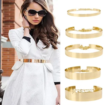 Mulheres da Moda de Metal Ajustável Cinto de Ouro Prata Ampla Bling Placa Cinto Espelho Cintura Cadeia de Cintura Compoteira para Vestido