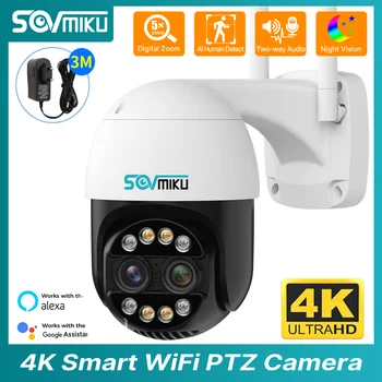4K de 8MP com Lentes Duplas wi-Fi Smart Câmera do IP de PTZ 2.8+12mm 8x Híbrido Zoom Cor de Visão Noturna Humanos Detectar Vigilância CCTV Câmera de Vídeo
