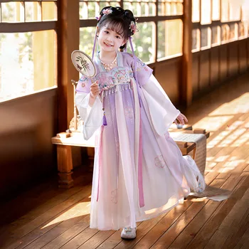 Novo Chinês Hanfu Vestido de Verão Meninas Imitar Tang Música Dinastias Vestido Casual Antiga Crianças Bordado Vestido de