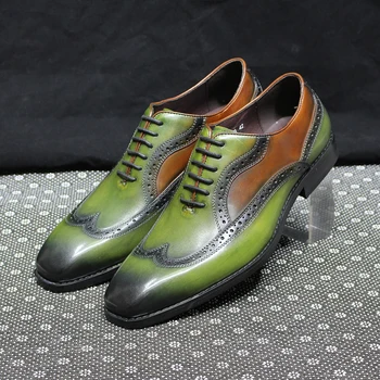 Luxo Homens Oxfords Artesanal de Couro Genuíno Joaninha Lace-Up Office Sapatos para Homens Festa de Casamento Formal, Sapatos Oxford Verde