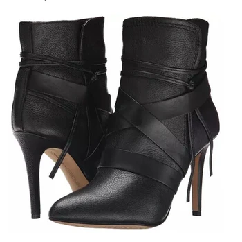 Pontiagudo dedo do pé de um salto alto da mulher de couro, botas curtas sexy preto tornozelo envoltório de inverno de sapatos de mulher mulheres lace-up de tornozelo bundinha livre shi