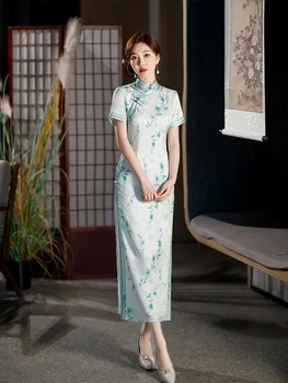 Yourqipao 2023 Verão Longo de Seda Verde Cheongsam de Viagens Foto Elegante Moda Qipao Estilo Chinês Noite Vestido de Noiva para Mulheres