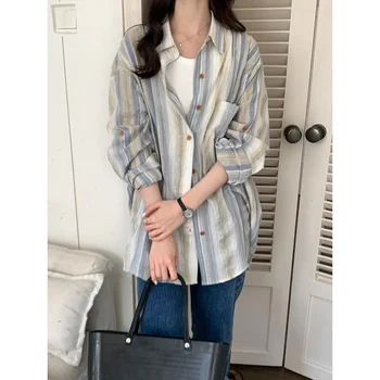 Mulheres casual lapela de algodão solto coreano camisa de moda Vintage Harajuku camisa listrada Elegante de manga longa, botão de cima rua