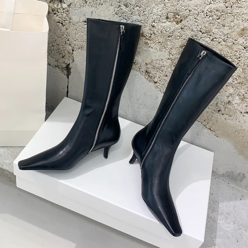 2023 Longas Botas para Mulheres de Luxo Designer de Moda Real de Couro de Salto Alto Dedo do pé Quadrado Sapatos com Zíper Botas Botas Mujer