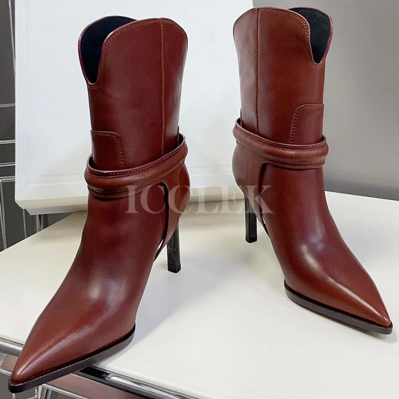 2023 Mulheres Botas Curtas Outono Novo Cheio De Sentido De Concepção Pé Mostrar Anke Boots De Couro Genuíno Material Pontiagudo Dedo Do Pé Sapatos Femininos