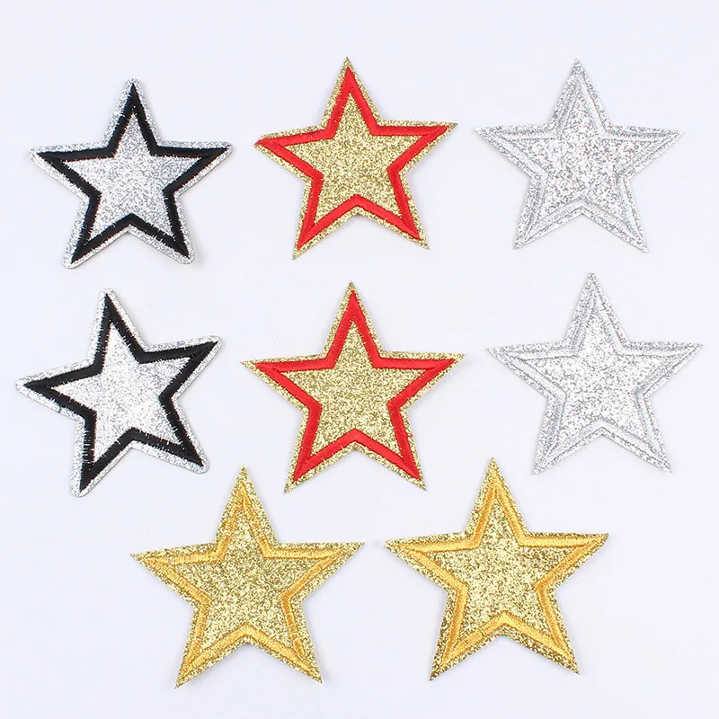 5Pc 65mm de Brilho de Estrelas, Bordado de Patches de Ferro em Vestuário de Ouro Prata Apliques Faixa de Crachá de Tecido Autocolante Diy Caso de Telefone Decoração