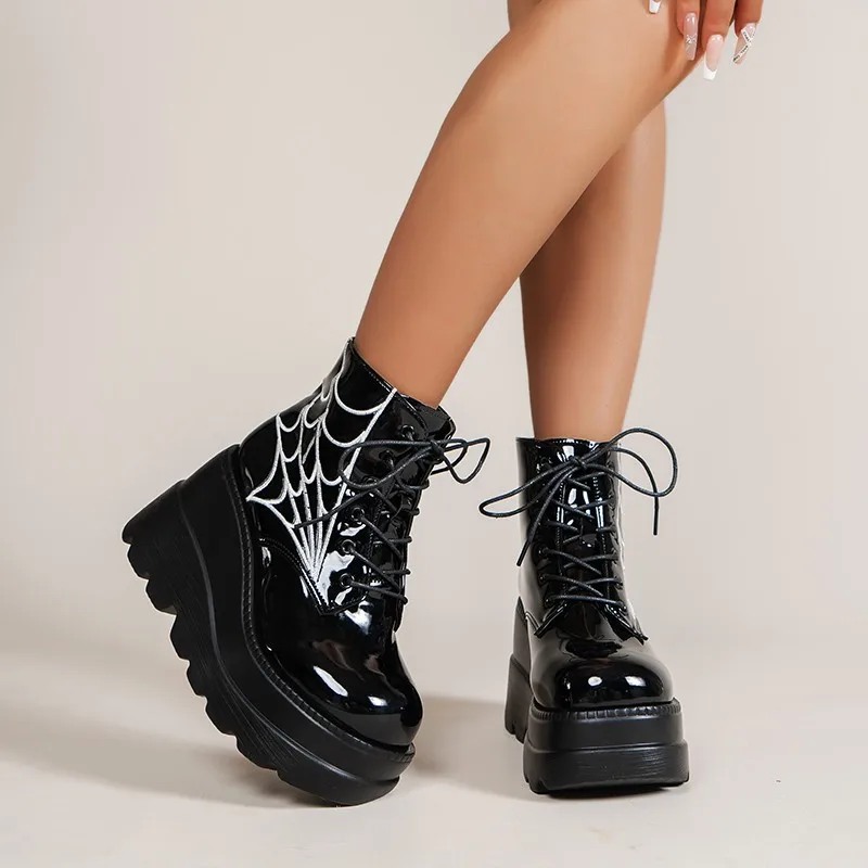 Black Spider Web Bordado Ankle Boots Cintas Cruzadas Suburbano Plataforma Plataforma Plataforma Desempenho Da Fase De Sapatos