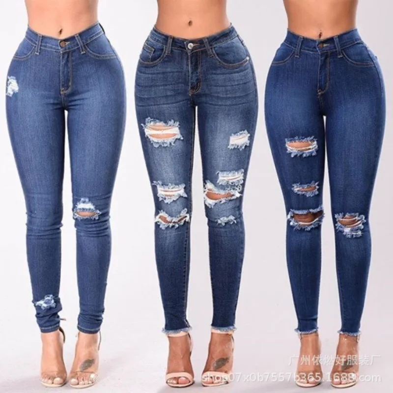 Calças de Brim das mulheres da Moda Cintura Alta, Calças de Hip Levantamento Slim-fit Calças de Elástico Azul Ripped Jeans para Mulheres com Roupas de Rua Y2k