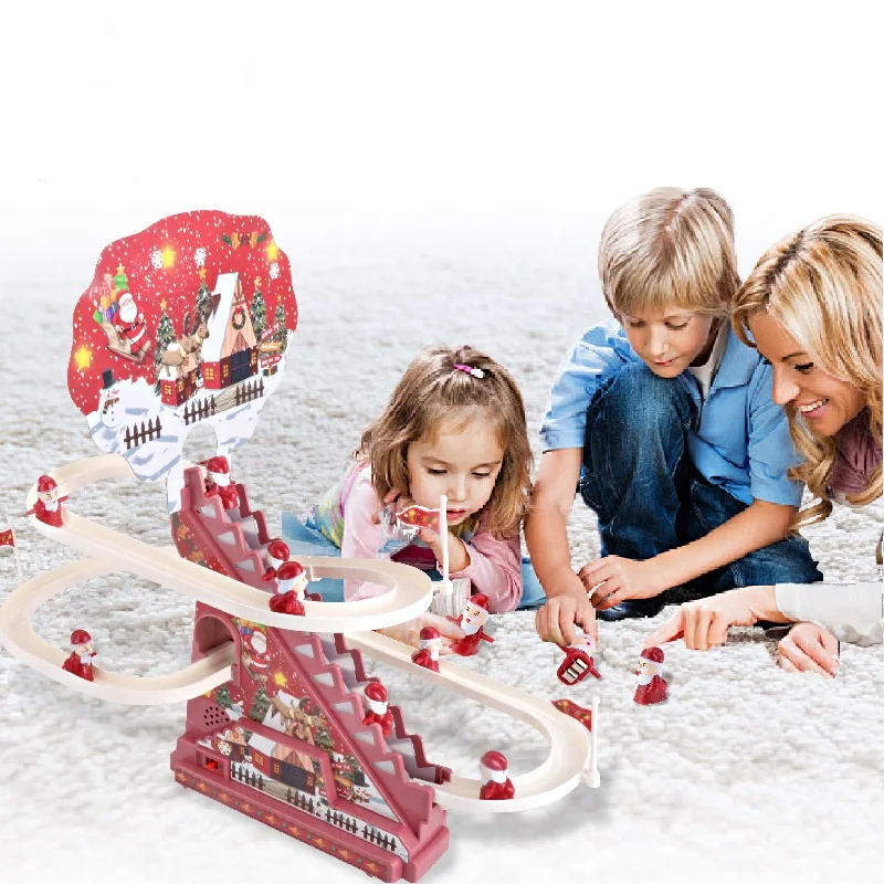 Crianças Elétrica Papai Noel Subir Escadas, Brinquedos de DIY Trilho de Pista de Corridas de Montanha russa Musical Pato de Brinquedo Para Crianças do Bebê de Presente de Natal