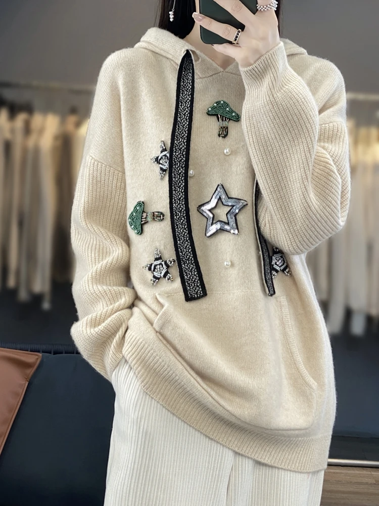 Outono/Inverno Suéter de Cashmere de Roupas femininas Suéter com Capuz Casual Malha Sportswear 100%de Lã de Merino Moda coreano Grande de Cima