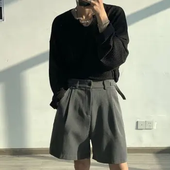 Moda Shorts Ocasionais de Homens Verão coreano Chique Grande Perna de Calça Masculina do Joelho-comprimento Coberto de Folhas Soltas Retro Popular High Street