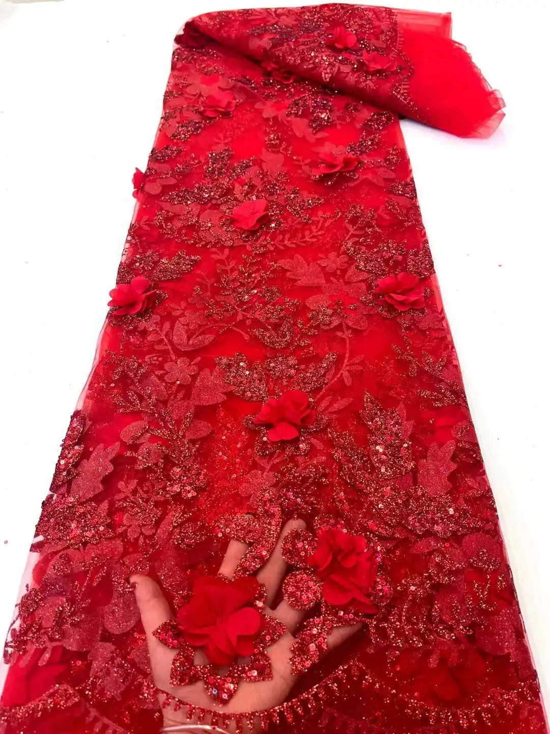 Flores em 3D Africana tecido de renda frisado e renda francesa tecido dubai apliques de tule de renda de noiva/vestido de festa de renda de 5 m /monte