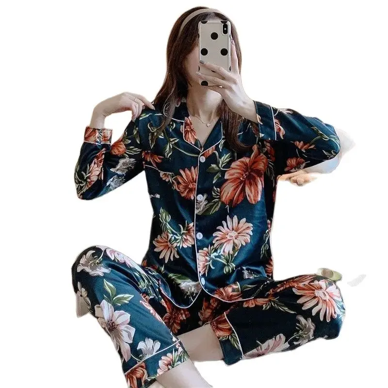Pijama de Mulheres da Primavera E do Verão de Gelo de Seda de manga comprida, Calças Versão coreana Do Grande Tamanho de Moda de Impressão Fina Home Roupas.